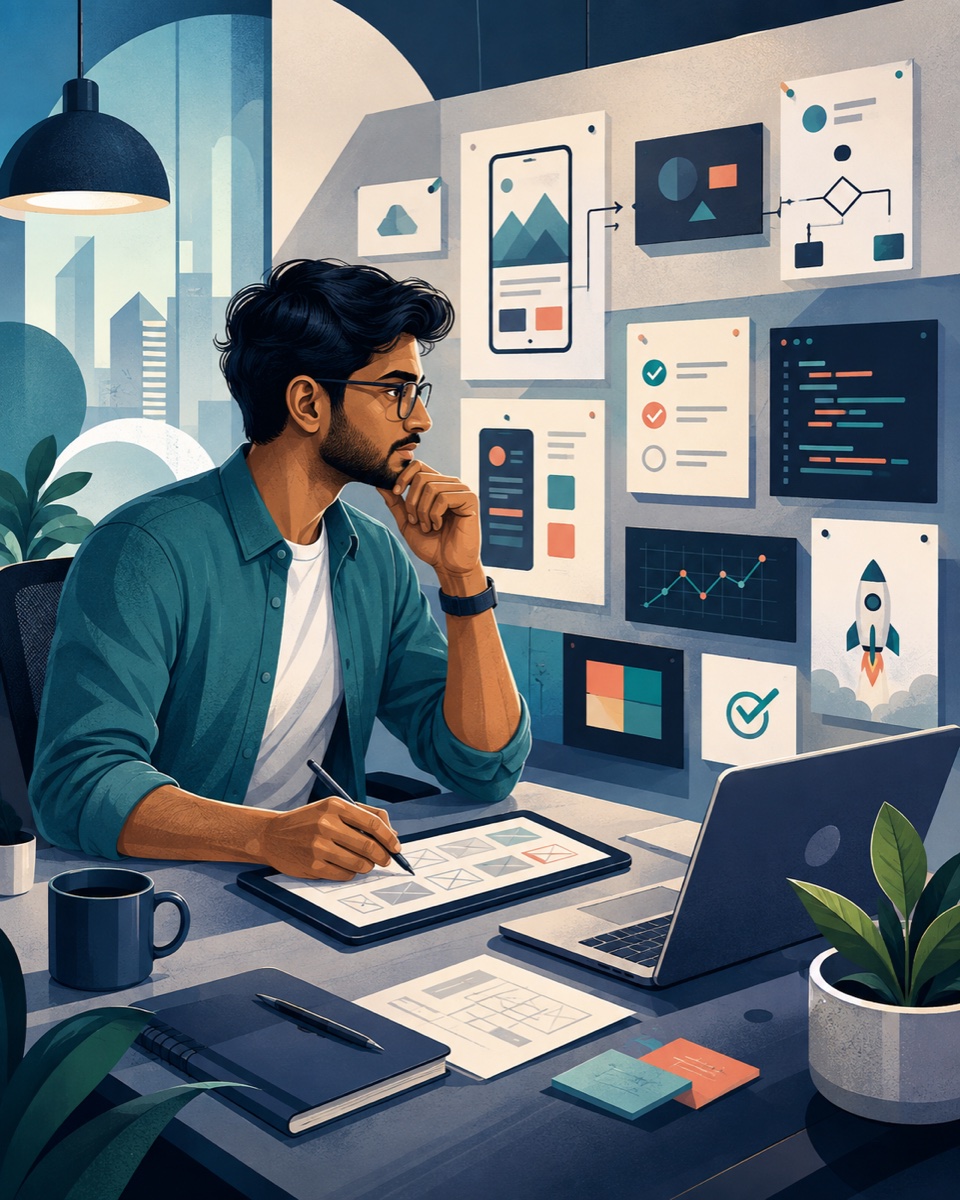Illustration of an M Soft engineer planning a digital product
